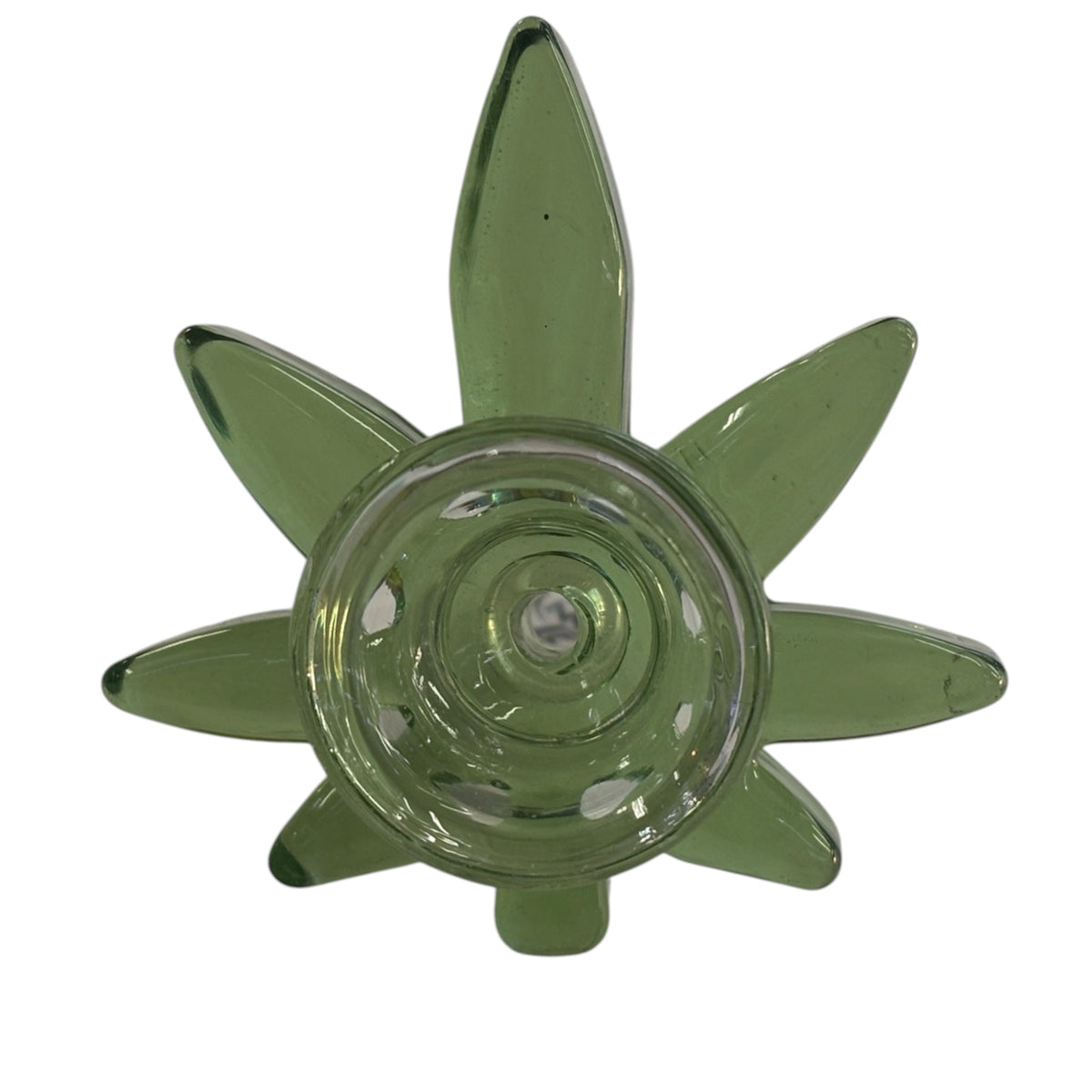 Dark green cannabis leaf glass herb bowl with leaf-shaped points around the bowl, centre opening, side handle, and clear joint for compatible glass water pipes. The Wee Smoke Shop