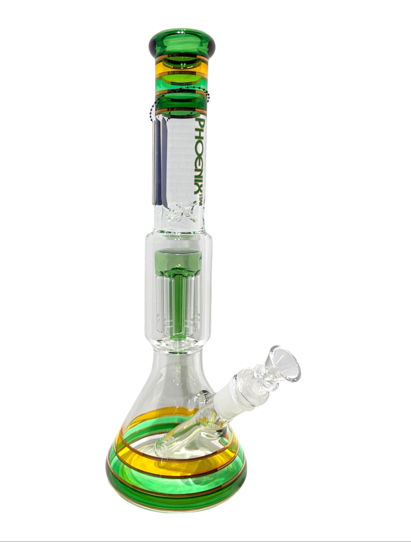 Glass smoking bong with green and yellow accents on a white background