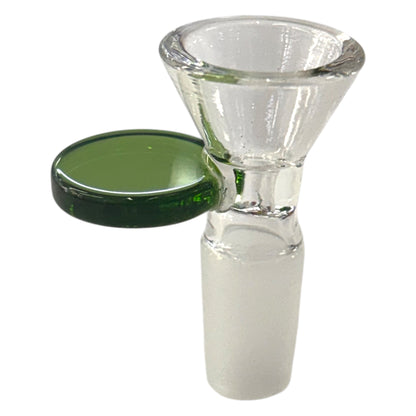 Clear 14mm glass bowl piece with a frosted male joint, funnel-shaped bowl, and flat green side handle. - The Wee Smoke Shop 
