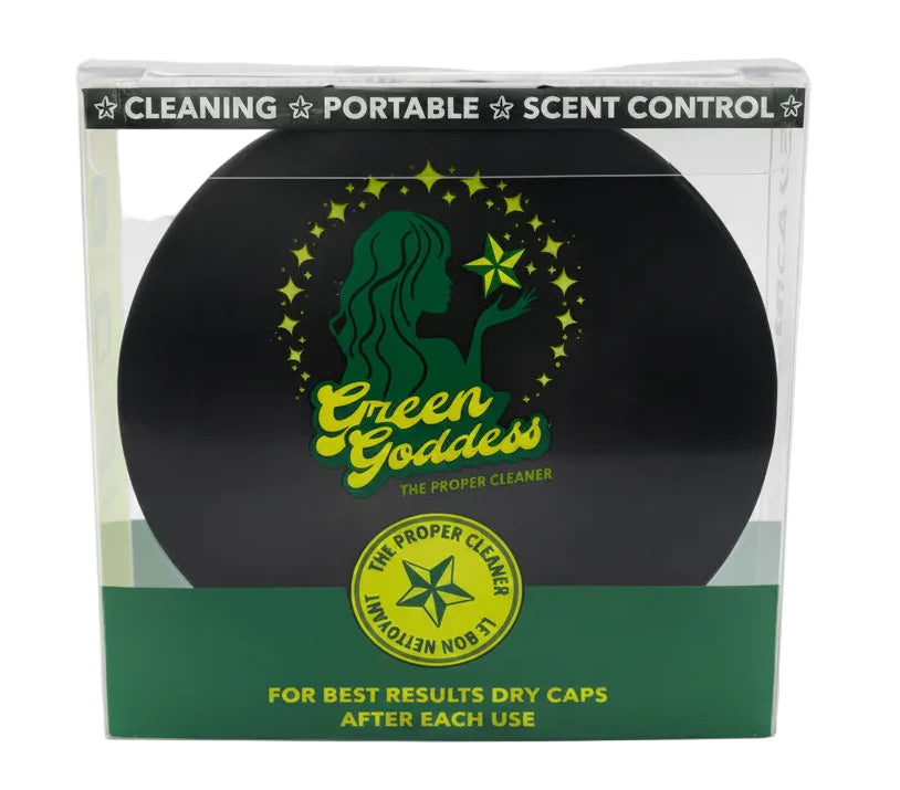 Green Goddess cleaning product packaging with logo and text on a white background