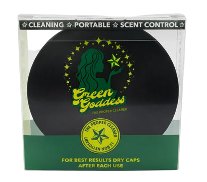Green Goddess cleaning product packaging with logo and text on a white background