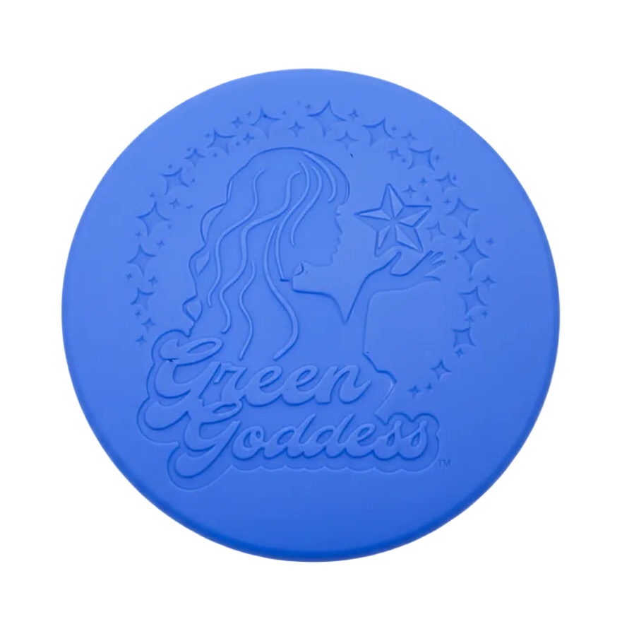 Blue circular object with 'Green Goddess' branding on a white background