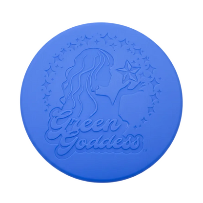 Blue circular object with 'Green Goddess' branding on a white background