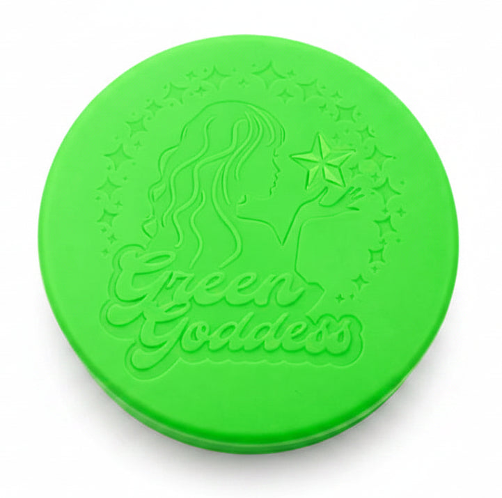 Green circular object with 'Green Goddess' branding on a white background