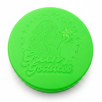 Green circular object with 'Green Goddess' branding on a white background