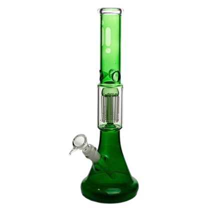 Green and clear 14 inch glass beaker bong with a green coloured neck and base, clear tree percolator chamber, angled bowl, and diffused downstem on a white background. The Wee Smoke Shop