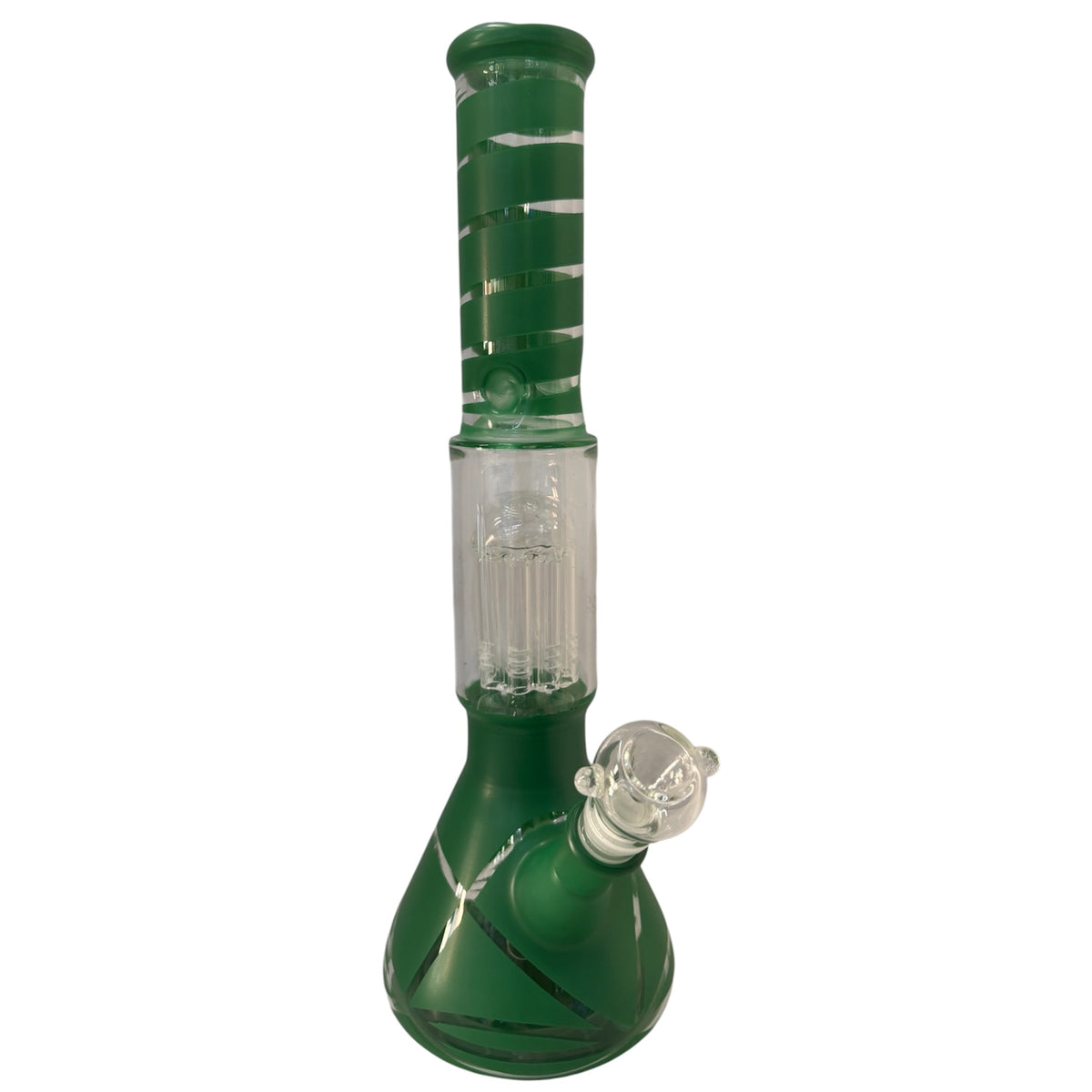 Green spiral stripe glass beaker bong with a green mouthpiece, green patterned neck and base, clear percolator chamber, angled bowl, and diffused downstem. The Wee Smoke Shop
