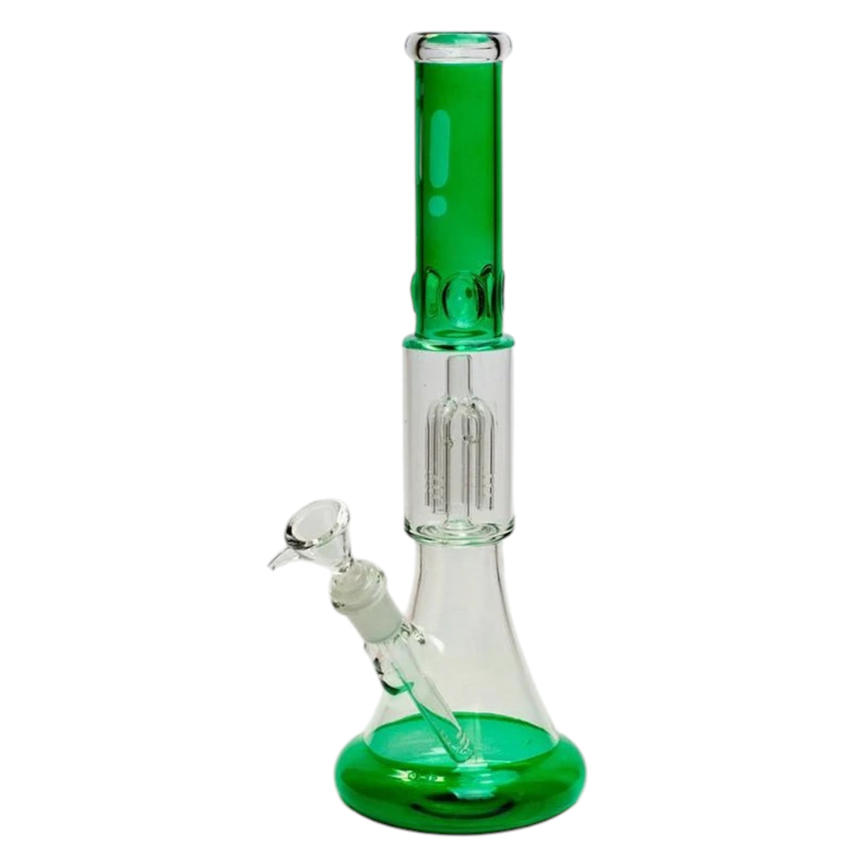 Green and clear 14 inch glass beaker bong with a coloured green mouthpiece tube, green beaker base, clear 4-arm percolator chamber, angled bowl, and diffused downstem on a white background. The Wee Smoke Shop