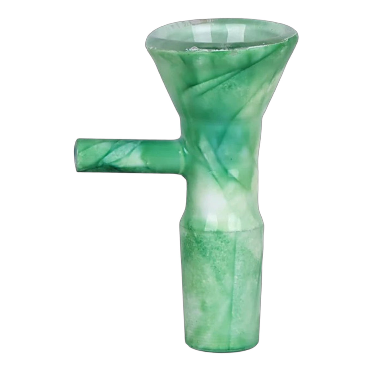 Green marbled 14mm male herb bowl with a flared funnel-style opening, matching side handle, and frosted glass texture on a white background. The Wee Smoke Shop