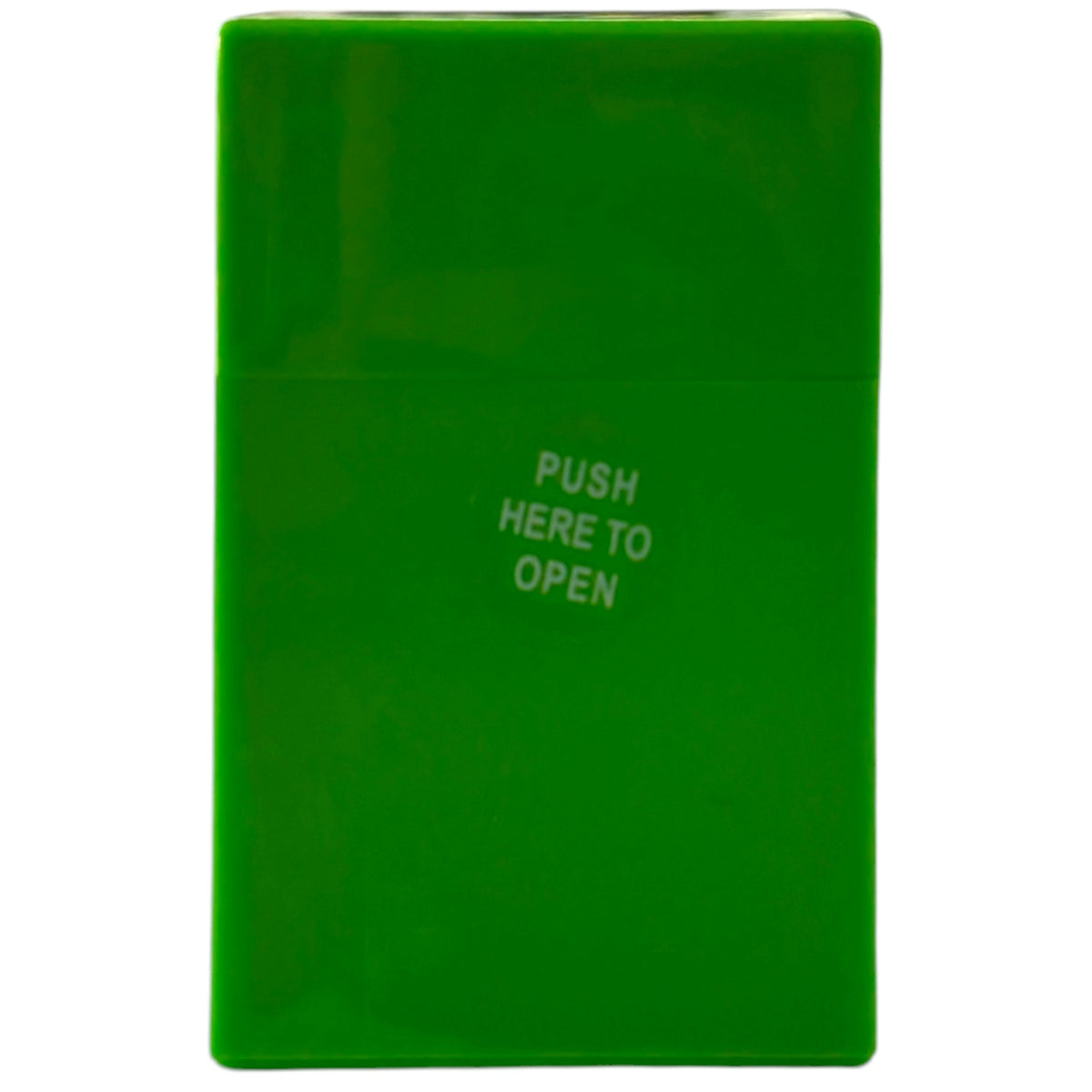 Green hard shell cigarette case with a rectangular body, glossy finish, and small “push here to open” button on the front.
