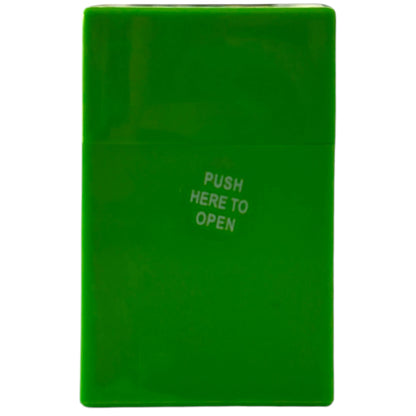 Green hard shell cigarette case with a rectangular body, glossy finish, and small “push here to open” button on the front.