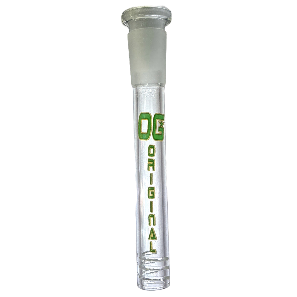 One OG Clear Downstem with green 'OG' logo, against a white background. - The Wee Smoke Shop
