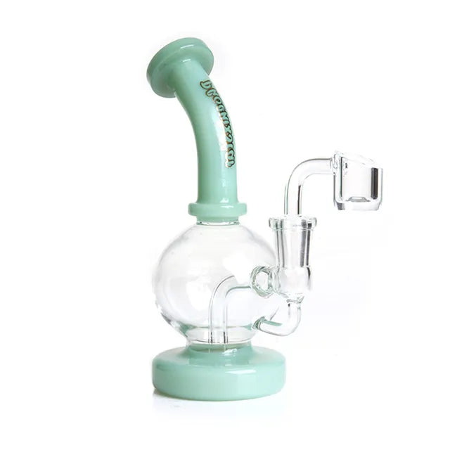 Glass smoking dab rig with a mint green neck on a white background
