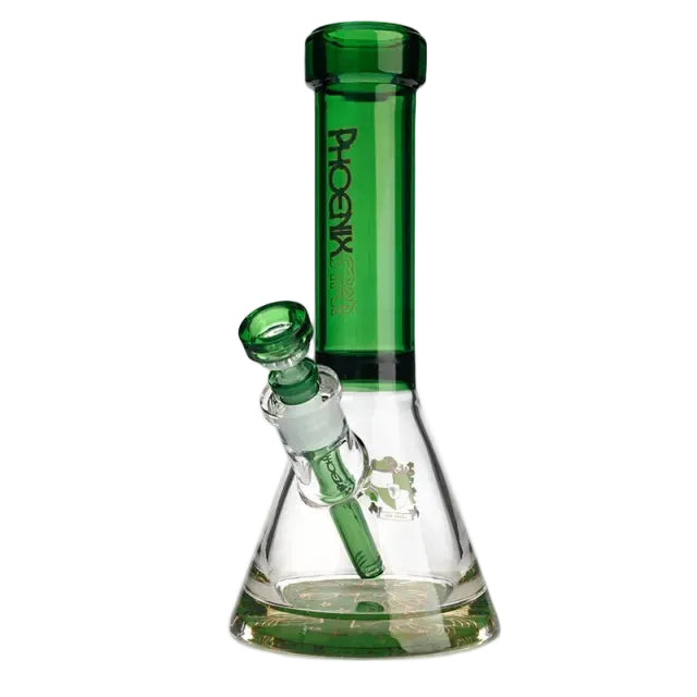 Green glass smoking bong with 'Phoenix' branding on a white background