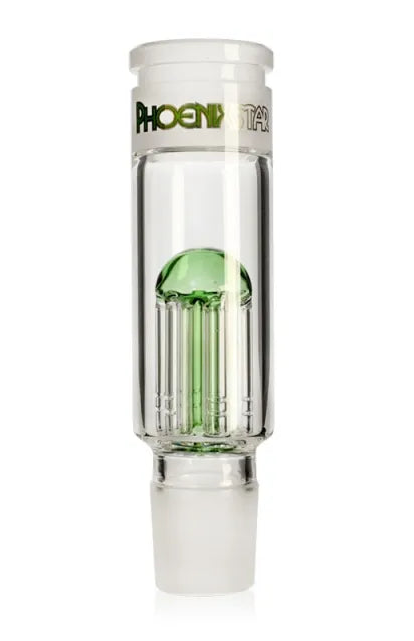 Clear glass smoking accessory with green accent and 'Phoenix' branding on a white background