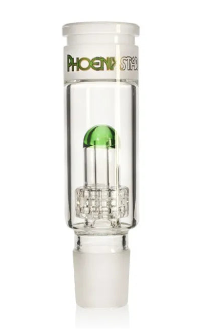 Clear glass build a bong p with green accent on a white background