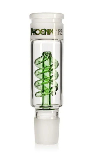 Glass smoking accessory with green spiral perc on a white background