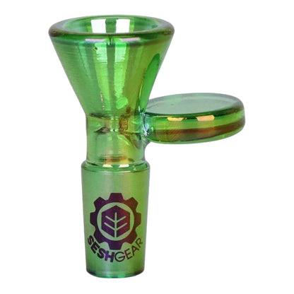 Green chromatic SeshGear 14mm male funnel bowl with a round tab handle, flared bowl opening, and SeshGear logo on the joint. - The Wee Smoke Shop