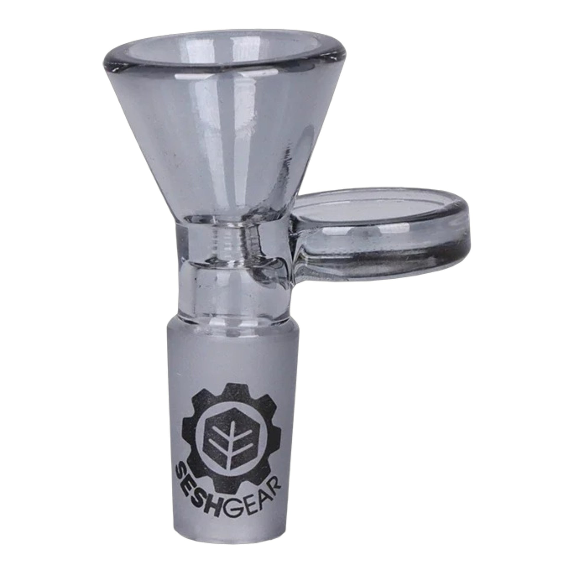 Grey chromatic SeshGear 14mm male funnel bowl with a round tab handle, wide flared bowl, and SeshGear logo printed on the joint. The Wee Smoke Shop