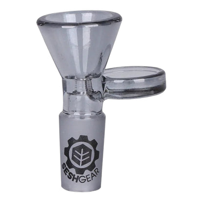 Grey chromatic SeshGear 14mm male funnel bowl with a round tab handle, wide flared bowl, and SeshGear logo printed on the joint. The Wee Smoke Shop