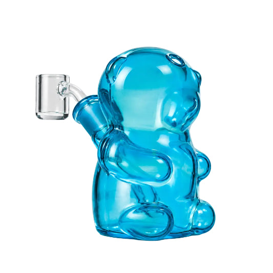 A blue glass dab rig designed to resemble a gummy bear, complete with a 14mm banger