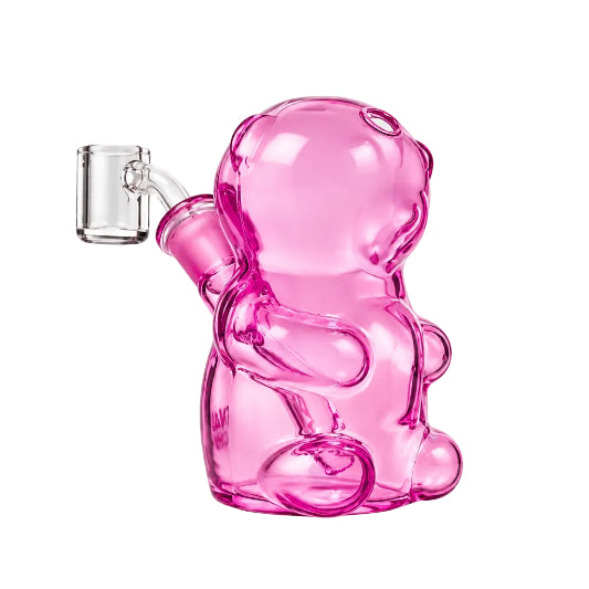 A blue glass dab rig designed to resemble a gummy bear, complete with a 14mm banger