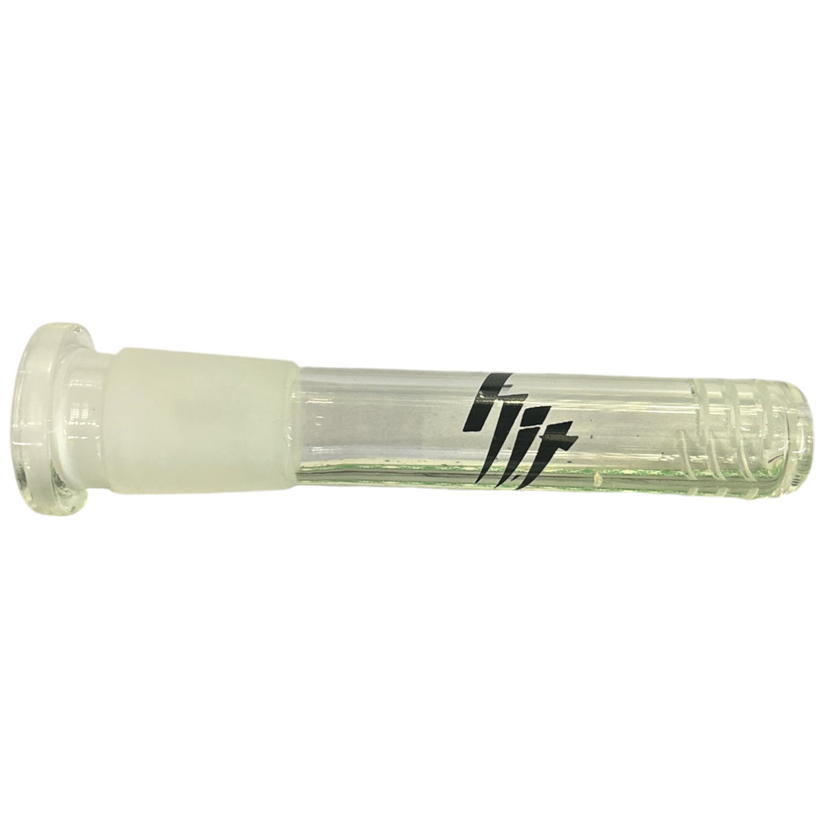 Clear HIT glass bong downstem with a frosted glass joint, black HIT logo printed along the tube, and a rounded diffuser end with multiple slits, shown horizontally on a white background.
