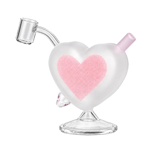 A heart-shaped glass mini rig with a pink design, made of durable glass, intended for smoking.