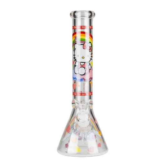 Clear glass water pipe with colorful Hello Kitty design on a white background