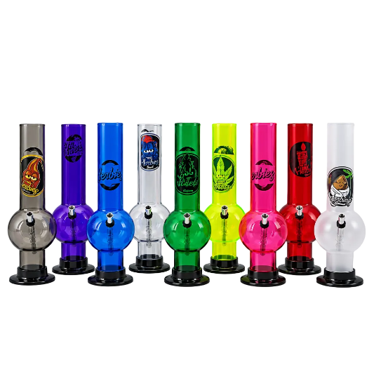 A collection of acrylic bongs in various colors, including black, blue, green, pink, purple, red, and clear.