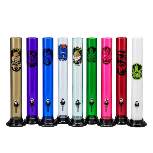 A collection of acrylic bongs in various colors aligned next to each other.