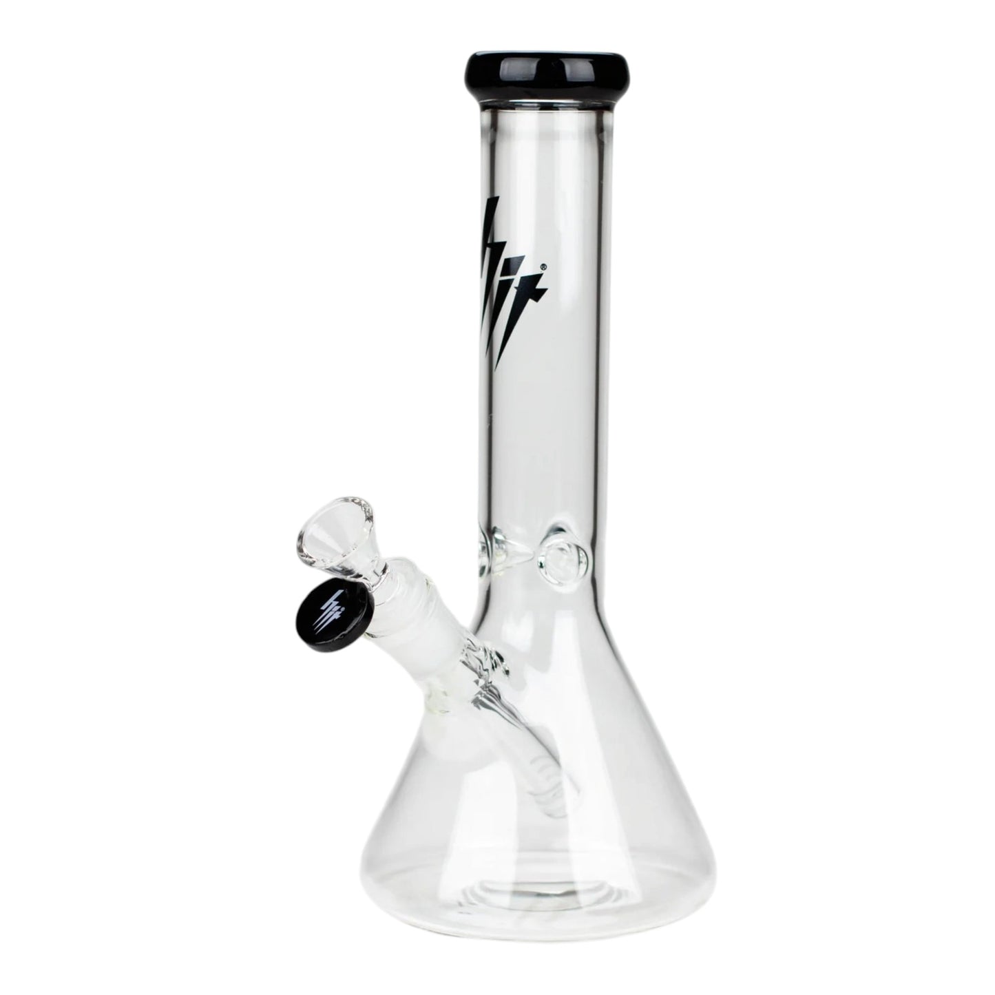 HIT 10 inch clear glass beaker water pipe with black mouthpiece rim, black angled bowl accent, black logo on the neck, and clear downstem on a white background. The Wee Smoke Shop