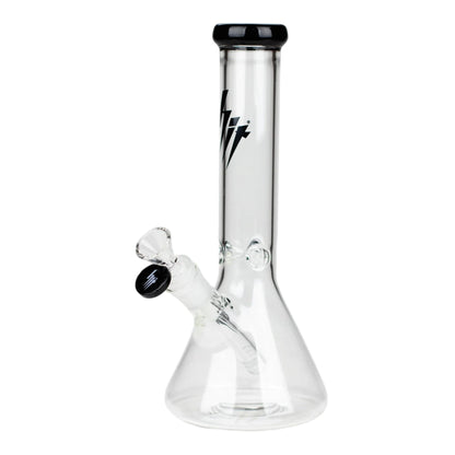 HIT 10 inch clear glass beaker water pipe with black mouthpiece rim, black angled bowl accent, black logo on the neck, and clear downstem on a white background. The Wee Smoke Shop
