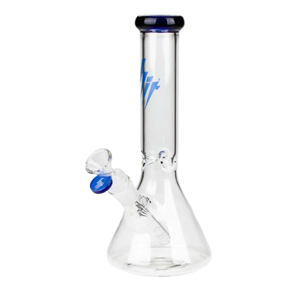 HIT 10 inch clear glass beaker water pipe with blue mouthpiece rim, blue bowl accent, blue logo on the neck, beaker base, and clear downstem on a white background. The Wee Smoke Shop