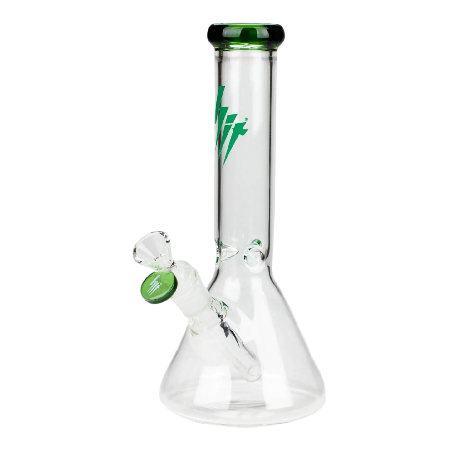HIT 10 inch clear glass beaker water pipe with green mouthpiece rim, green bowl accent, green logo on the neck, beaker base, and clear downstem on a white background. The Wee Smoke Shop