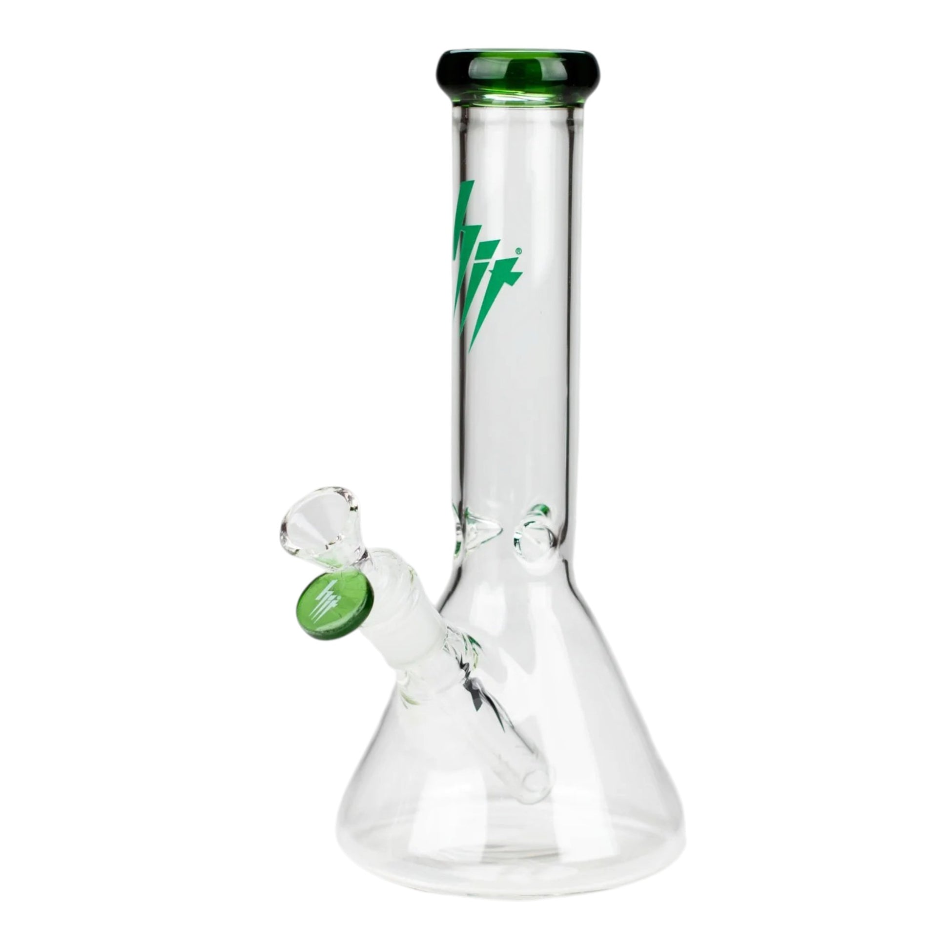 HIT 10 inch clear glass beaker water pipe with green mouthpiece rim, green bowl accent, green logo on the neck, beaker base, and clear downstem on a white background. The Wee Smoke Shop