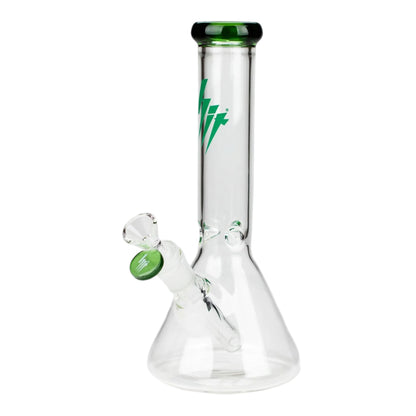HIT 10 inch clear glass beaker water pipe with green mouthpiece rim, green bowl accent, green logo on the neck, beaker base, and clear downstem on a white background. The Wee Smoke Shop