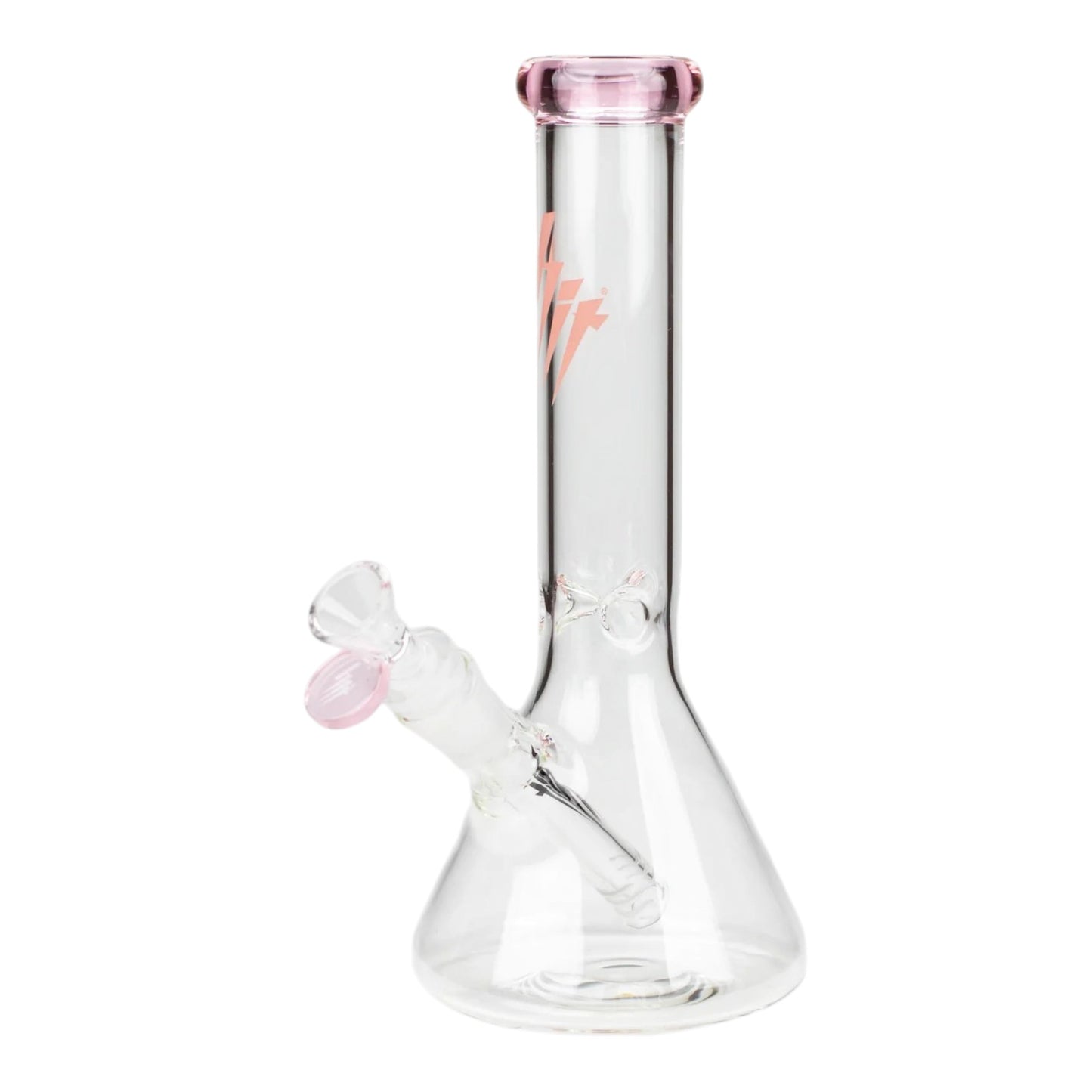 HIT 10 inch clear glass beaker water pipe with light pink mouthpiece rim, pink bowl accent, pink logo on the neck, beaker base, and clear downstem on a white background. The Wee Smoke Shop