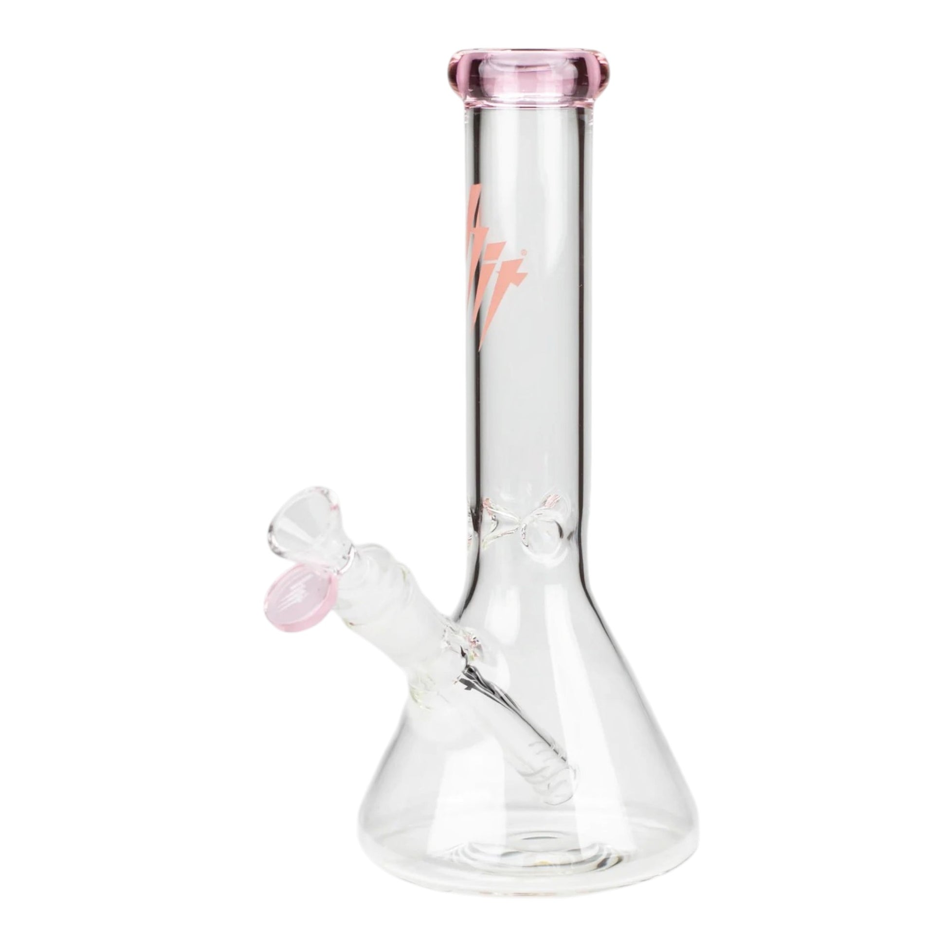 HIT 10 inch clear glass beaker water pipe with light pink mouthpiece rim, pink bowl accent, pink logo on the neck, beaker base, and clear downstem on a white background. The Wee Smoke Shop