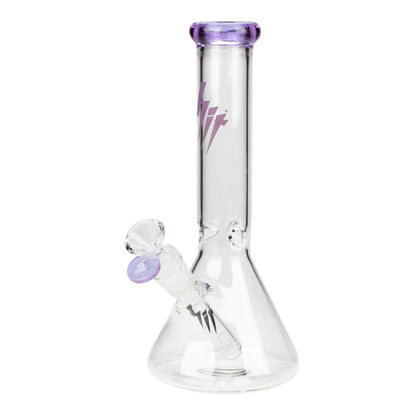 HIT 10 inch clear glass beaker water pipe with purple mouthpiece rim, purple bowl accent, purple logo on the neck, beaker base, and clear downstem on a white background. The Wee Smoke Shop