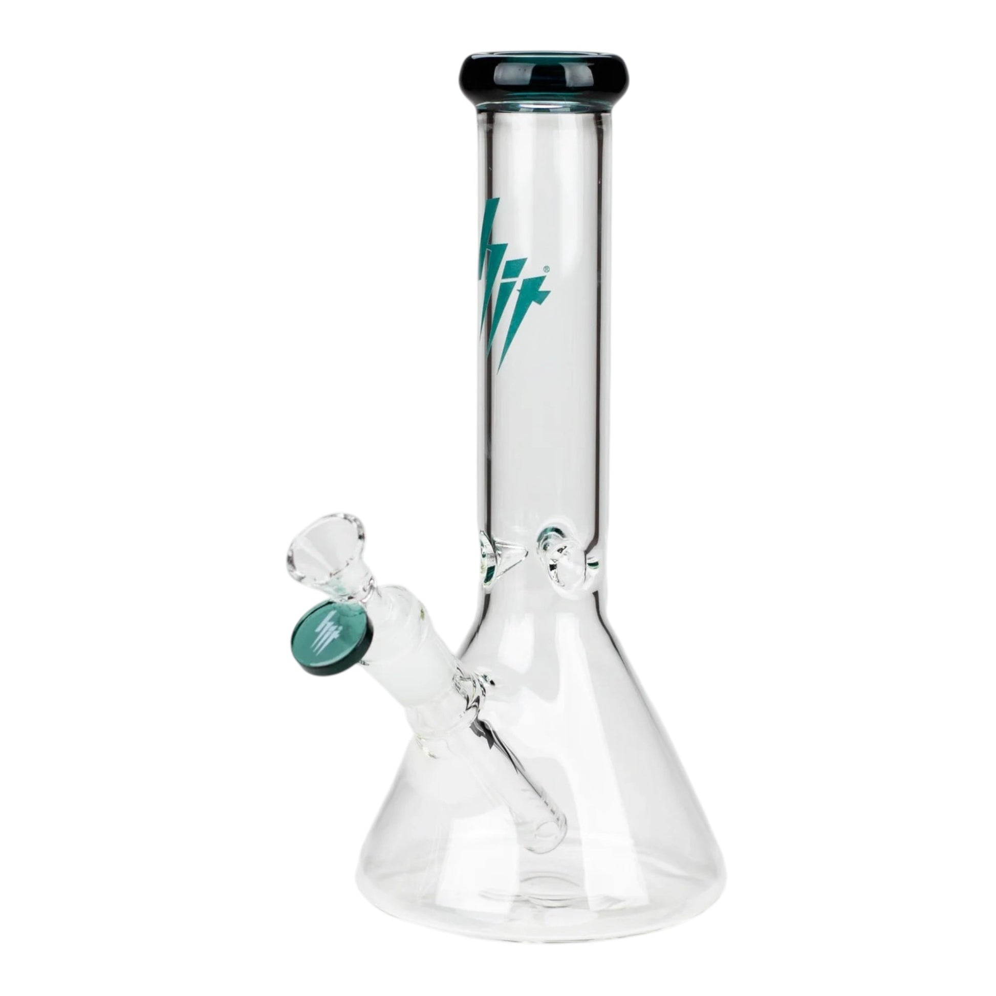 HIT 10 inch clear glass beaker water pipe with teal mouthpiece rim, teal bowl accent, teal logo on the neck, beaker base, and clear downstem on a white background. The Wee Smoke Shop