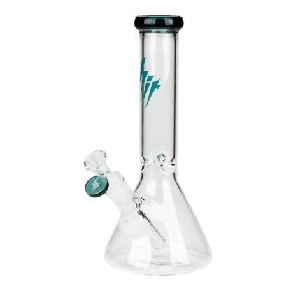 HIT 10 inch clear glass beaker water pipe with teal mouthpiece rim, teal bowl accent, teal logo on the neck, beaker base, and clear downstem on a white background. The Wee Smoke Shop