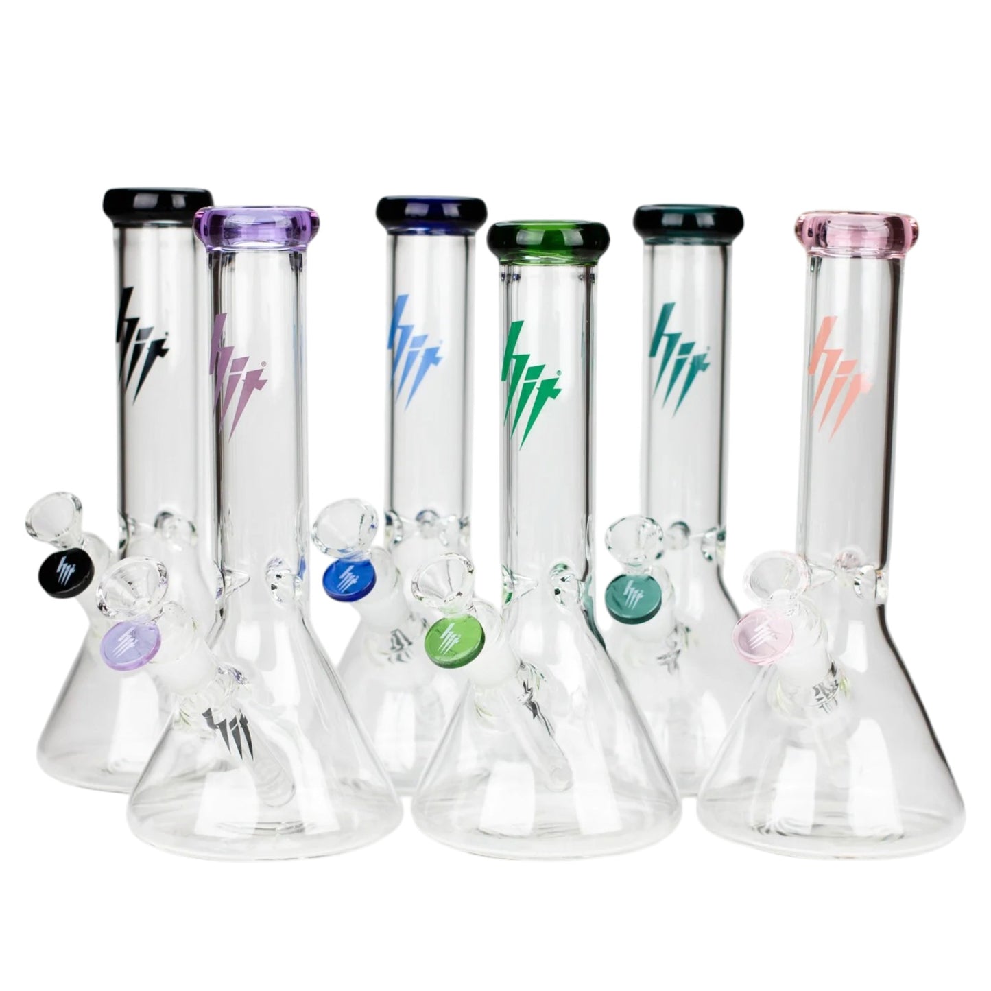 Group of HIT 10 inch clear glass beaker water pipes displayed together with black, purple, blue, green, teal, and pink accent colours on the mouthpieces, bowls, and logos. The Wee Smoke Shop
