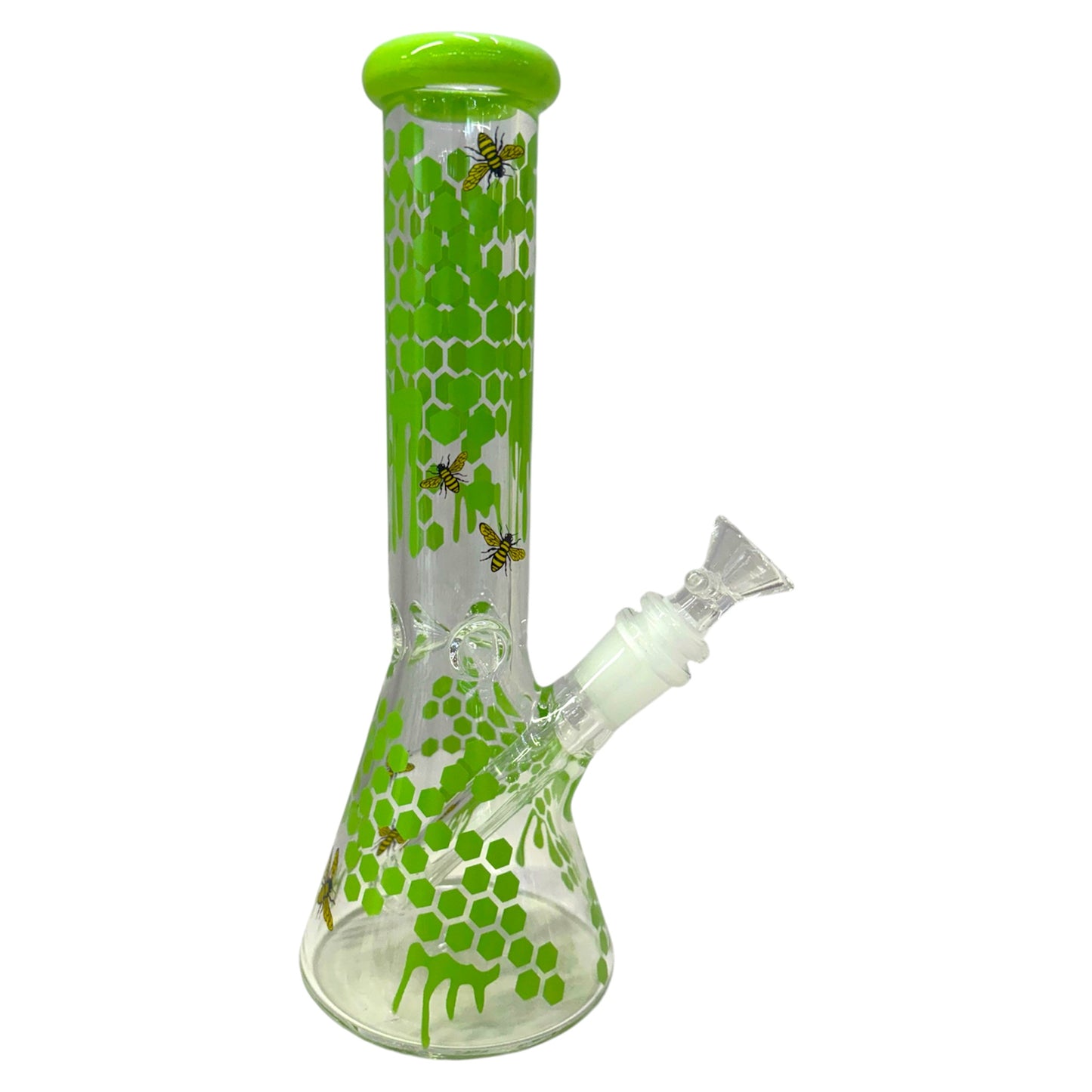 clear glass beaker bong green honeycomb drip design with bee accents, water bong with angled downstem and bowl piece, smoking accessory - The Wee Smoke Shop