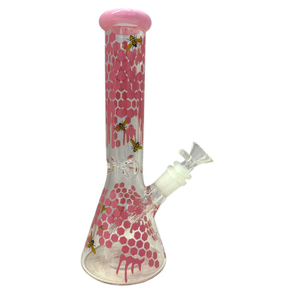 clear glass beaker bong pink honeycomb drip design with bee accents, water bong with angled downstem and bowl piece, smoking accessory - The Wee Smoke Shop