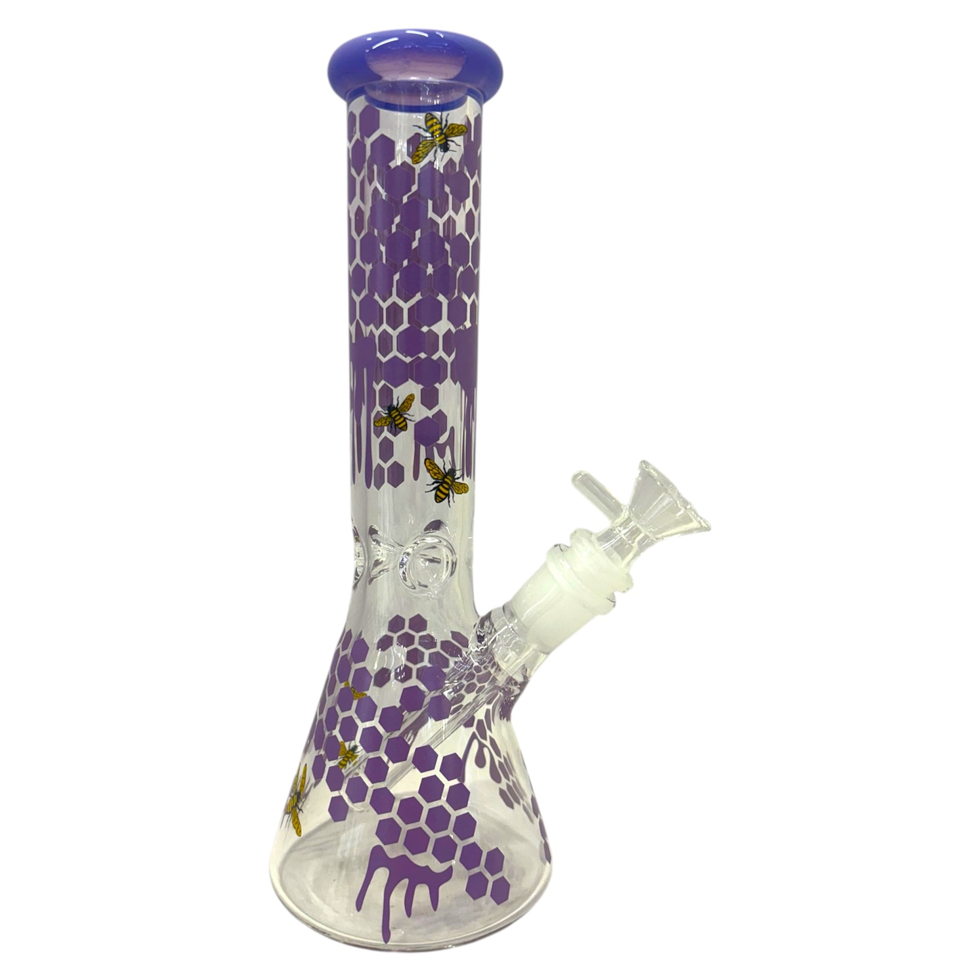 clear glass beaker bong purple honeycomb drip design with bee accents, water bong with angled downstem and bowl piece, smoking accessory - The Wee Smoke Shop