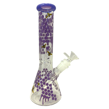 clear glass beaker bong purple honeycomb drip design with bee accents, water bong with angled downstem and bowl piece, smoking accessory - The Wee Smoke Shop