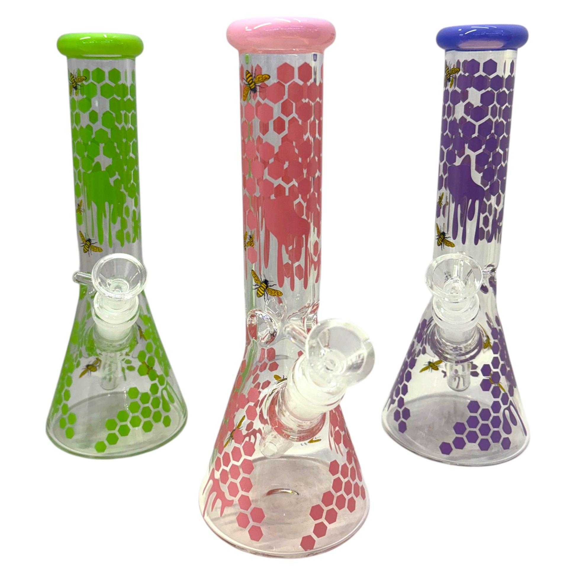clear glass beaker bongs with honeycomb drip design and bee accents, green pink and purple water bongs with angled downstems and bowl pieces, smoking accessories - The Wee Smoke Shop