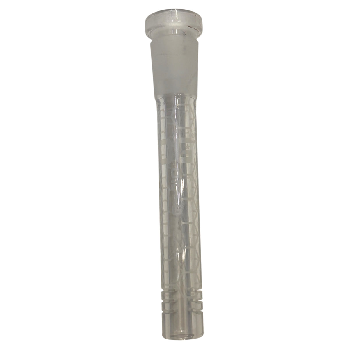 Clear OG glass downstem with a frosted joint, etched honeycomb pattern along the tube, OG branding, and slotted diffuser end. The Wee Smoke Shop