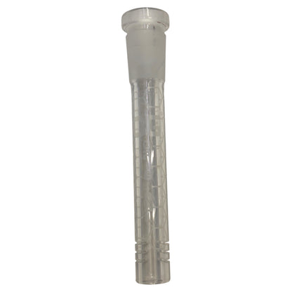 Clear OG glass downstem with a frosted joint, etched honeycomb pattern along the tube, OG branding, and slotted diffuser end. The Wee Smoke Shop